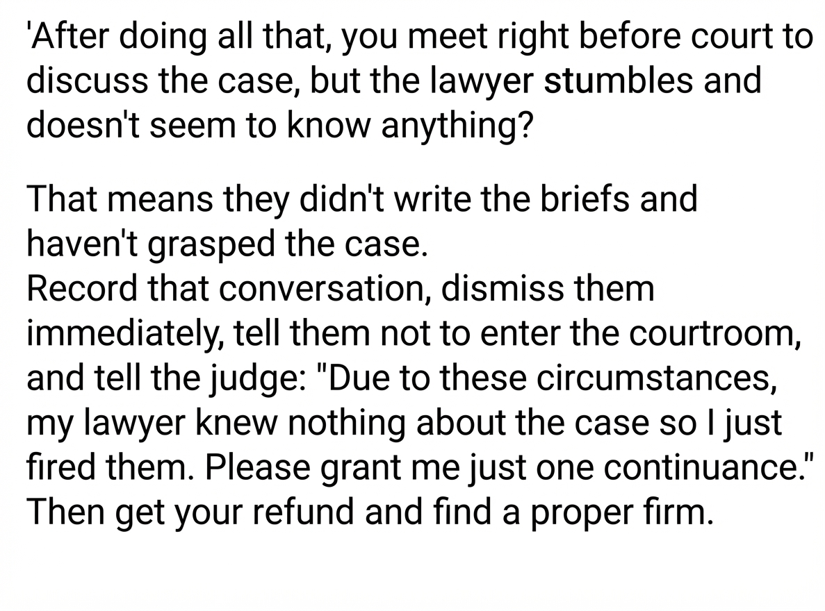 Screenshot explaining how to dismiss a lawyer who knows nothing right before trial and how to request a continuance from the judge
