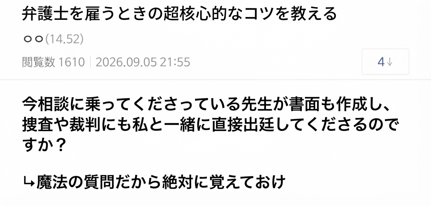相談に乗っている弁護士自身が書面作成や出廷を行うか確認する魔法の質問を紹介するネット投稿のキャプチャ