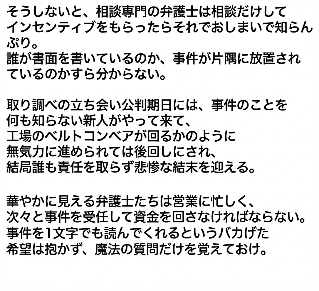 相談担当の弁護士と実際の事件担当者が異なる場合に生じる問題を指摘し、注意を促す内容のキャプチャ