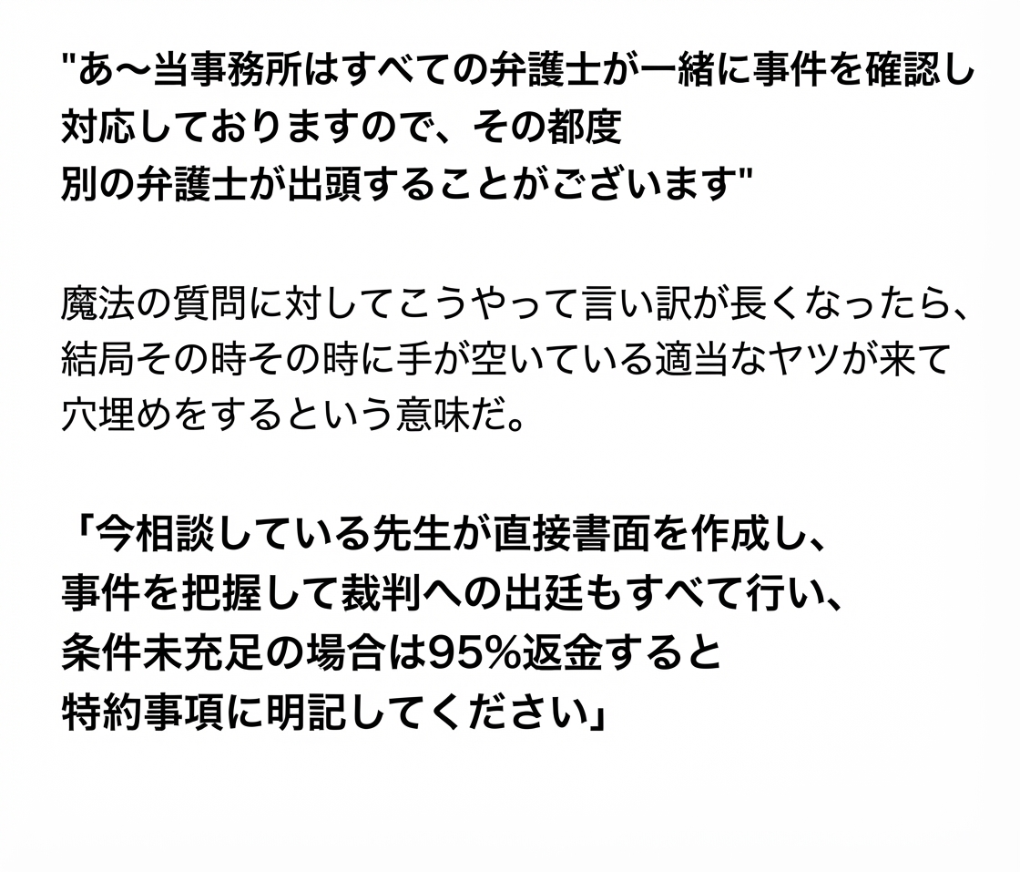 共同担当という言い訳への対処法や、相談弁護士の専任および不履行時の返金特約を求めるコツを記した投稿のキャプチャ