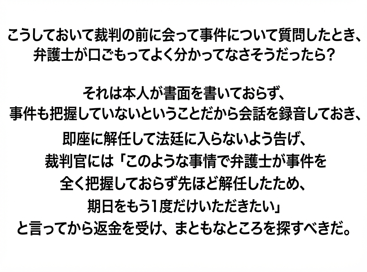 裁判直前に事件を把握できていない弁護士の解任手順と期日変更申請のコツを解説した画面キャプチャ