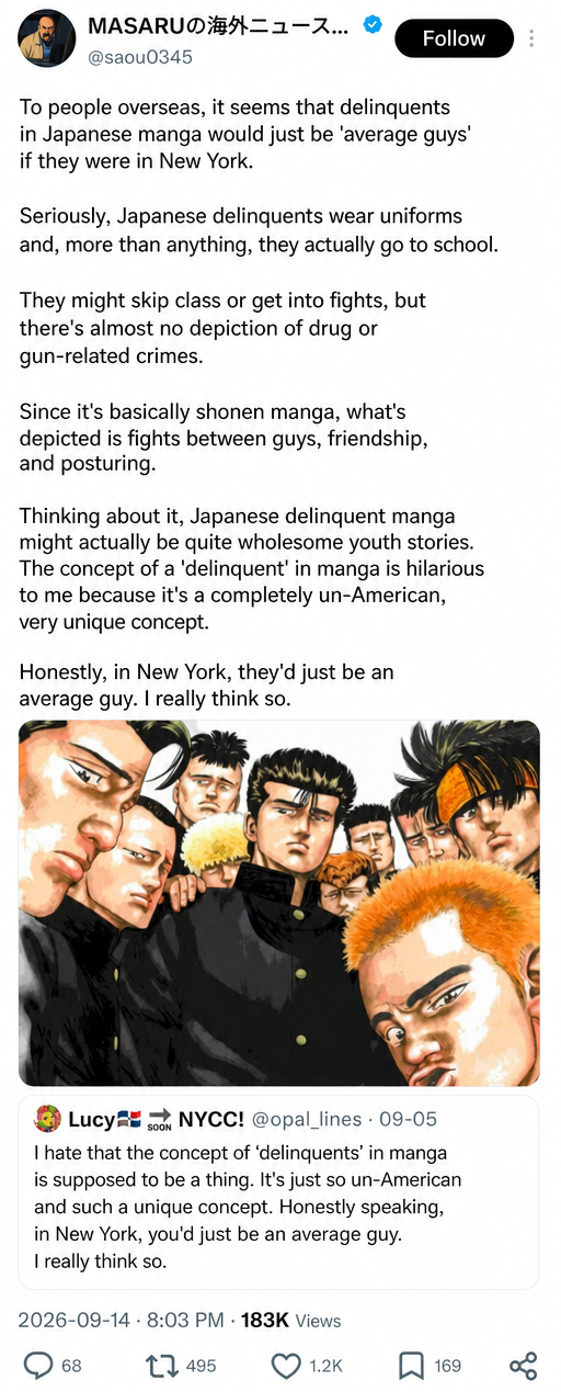 Illustration of Japanese school delinquent manga characters, alongside a social media tweet capture stating that, from a Western perspective, depictions of Japanese troubled youth seem like normal school life stories without guns or drugs.