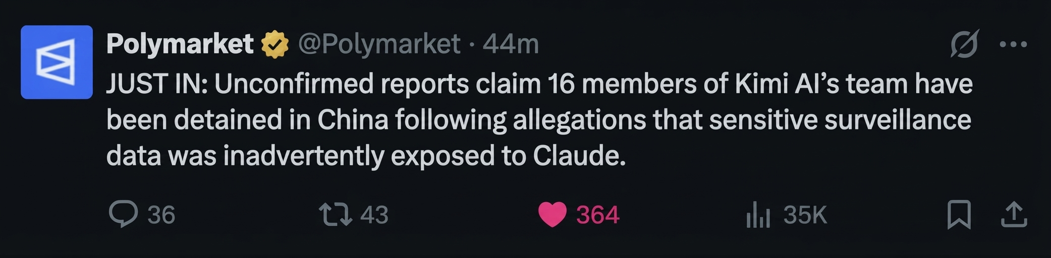 A screenshot of a tweet from Polymarket's official X account reporting unconfirmed claims that 16 members of Kimi AI's team have been detained in China following allegations that sensitive surveillance data was inadvertently exposed to Claude.