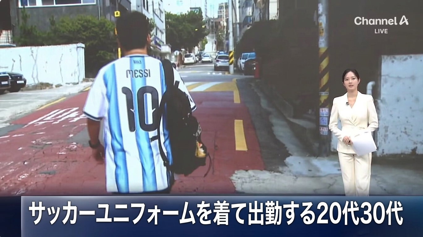 サッカーユニフォームを着て出勤する2030世代を報じるチャンネルAのニュース画面
