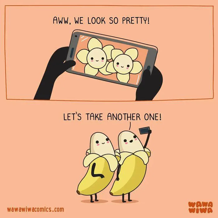 A comic strip showing two bananas taking a top-down selfie where their peeled peels look like flower petals around their faces, followed by them posing happily together.