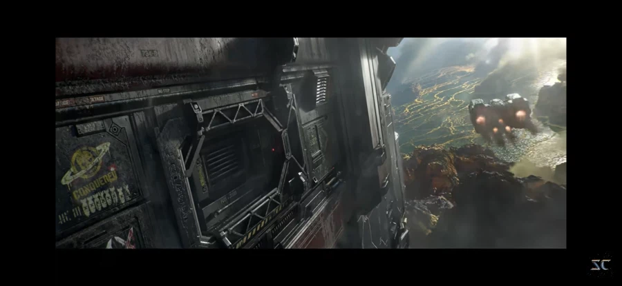 The outer wall of a Terran Barracks flying through the air in the Starcraft cinematic trailer
