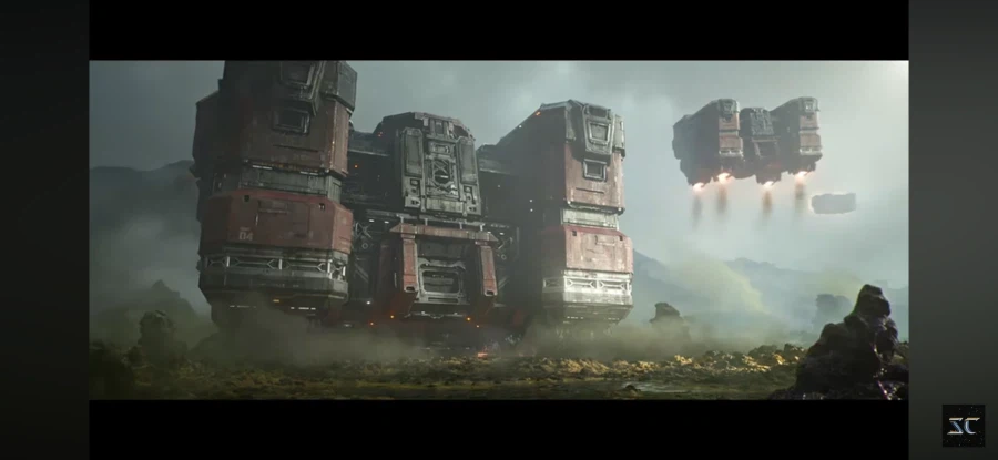 A Terran Barracks landing on the ground followed by additional Barracks descending