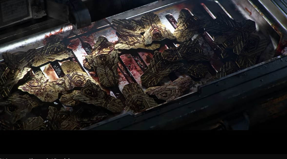 Numerous dog tags and medals collected and piled up on a bloody tray