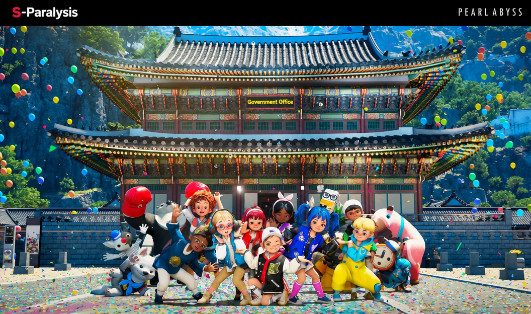 Official promotional image for the game 'DokeV.' Various unique characters and Dokkaebi mascots pose together against the backdrop of a traditional Korean palace pavilion.