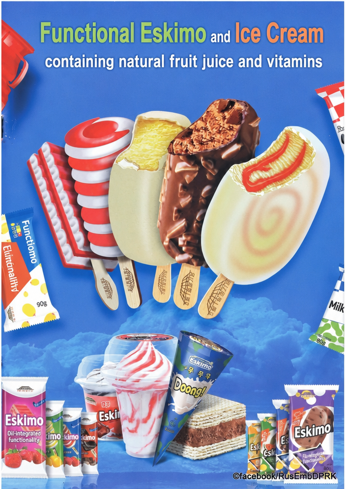 A poster from North Korea showcasing various functional ice cream and 'Eskimo' frozen desserts.