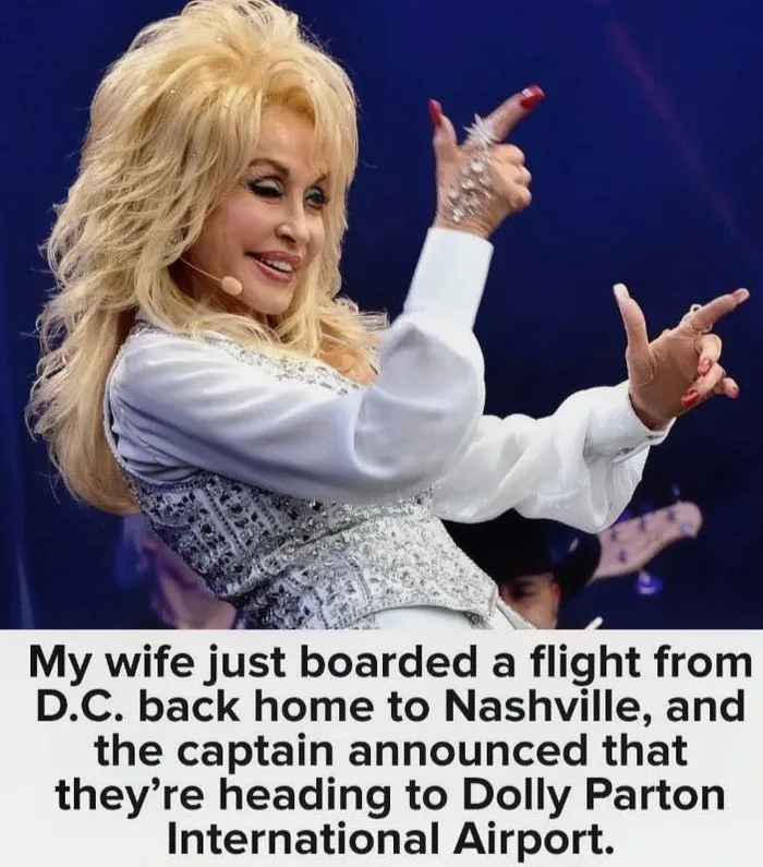 Dolly Parton striking an energetic pose on stage, paired with a caption describing an airline pilot announcing a flight to Dolly Parton International Airport.
