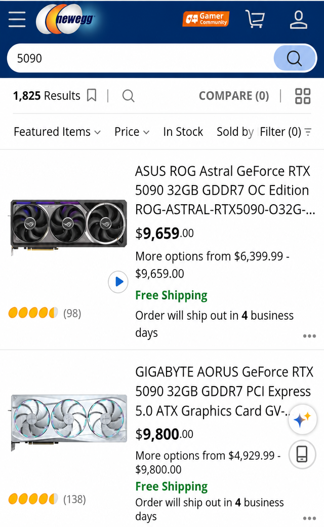 Screenshot of RTX 5090 product price listings on Newegg.