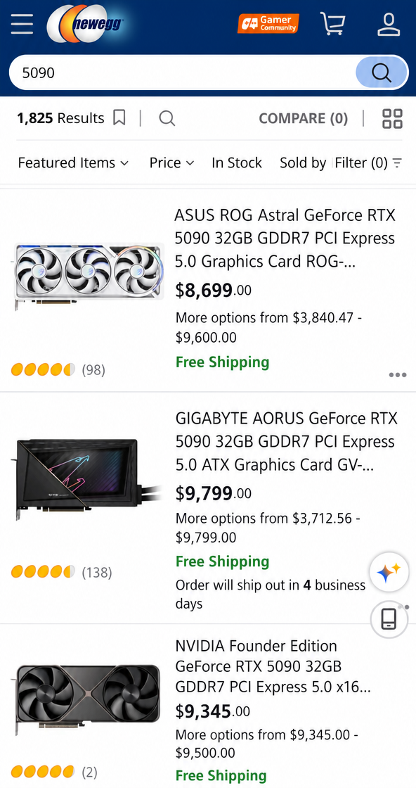 Screen showing additional RTX 5090 models and prices in the $9,000 range on the Newegg shopping site.