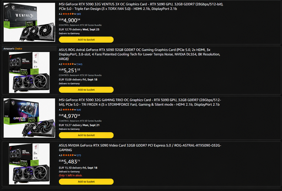 RTX 5090 graphics card search results listed around 5,000 EUR on European Amazon.