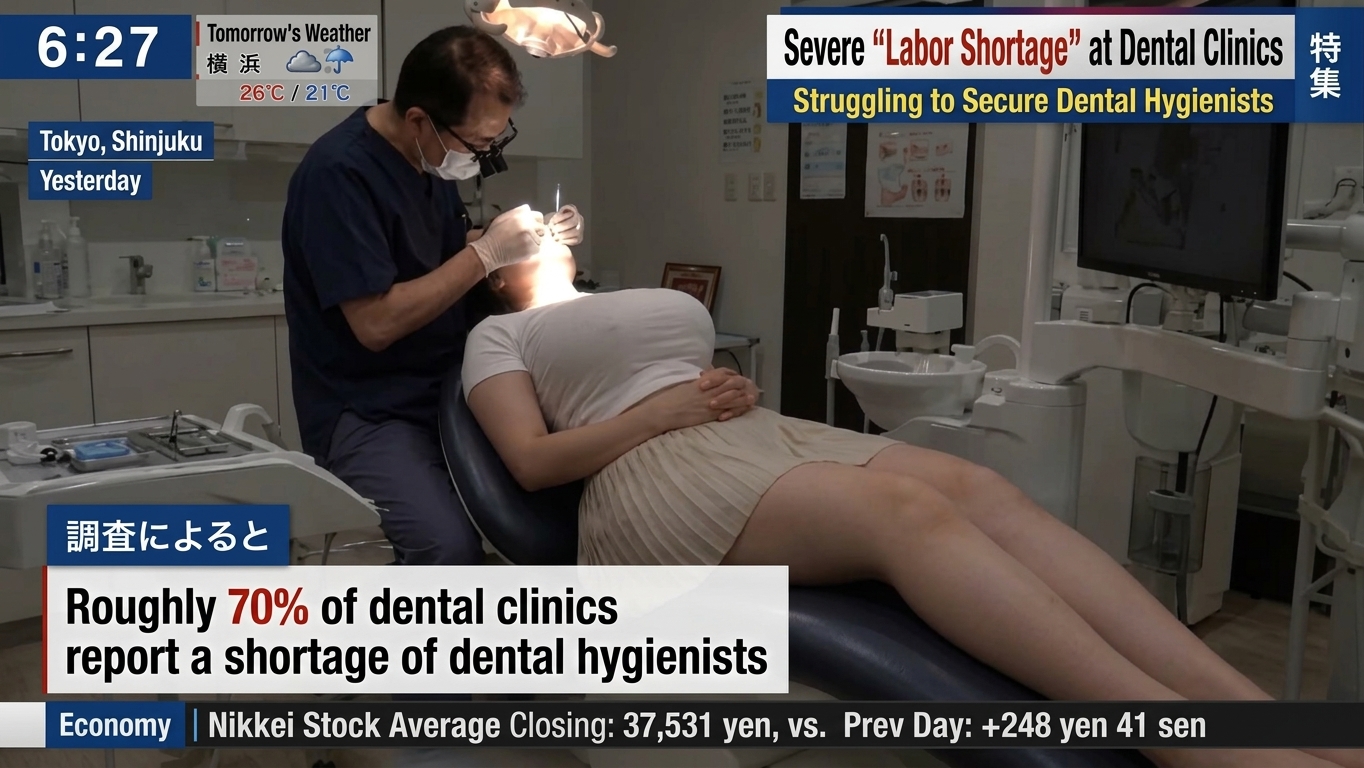 A Japanese news broadcast screenshot showing a dentist treating a reclining female patient in a dental clinic.