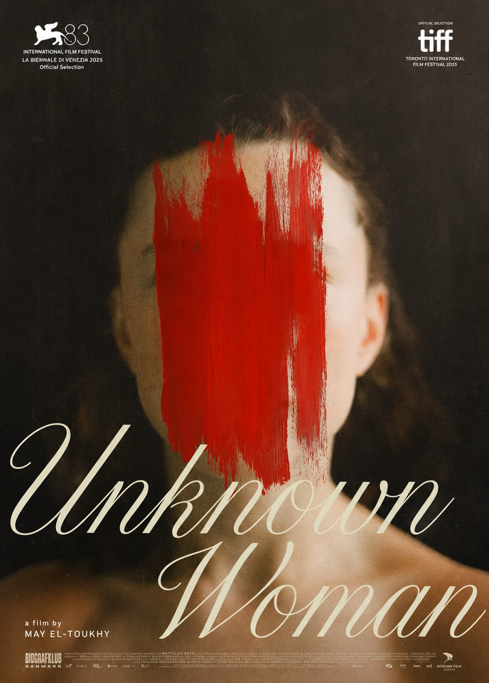 A movie poster where the center of a woman's face is obscured by thick strokes of red oil paint.