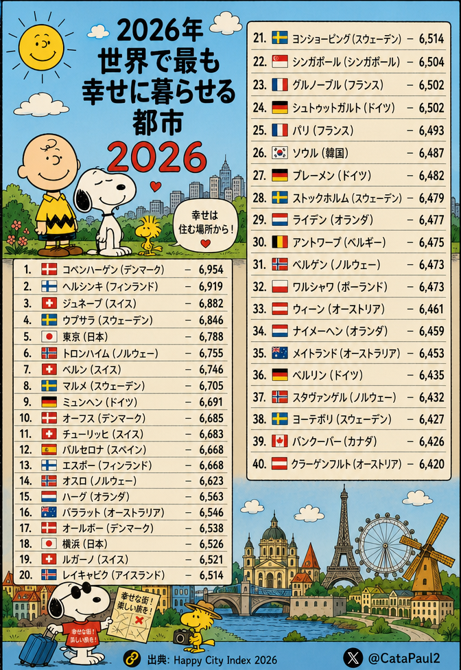 スヌーピーのキャラクターが描かれた、2026年版「世界で最も幸せに暮らせる都市」トップ40のランキング画像。コペンハーゲン、ヘルシンキ、ジュネーブが上位にランクイン。