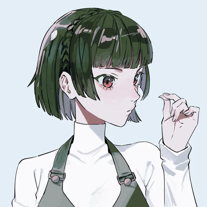 白いタートルネックとサスペンダーを身に着けた、ショートヘアの『ペルソナ5』新島真のアニメ風イラスト