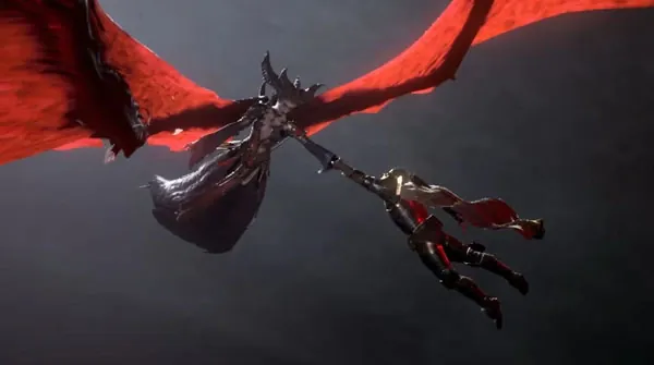 Inarius wielding a spear clashing in midair against Lilith spreading her red wings in a Diablo IV cinematic scene.