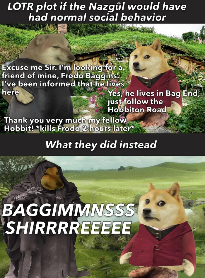 A two-panel meme featuring Cheems and Doge depicting Lord of the Rings. In the top panel, a polite Nazgûl Cheems asks a Hobbit Doge for Frodo's address politely. In the bottom panel, what actually happened: a menacing robed Nazgûl screams 'BAGGIMNSSS SHIRRREEEE' at a terrified Hobbit.