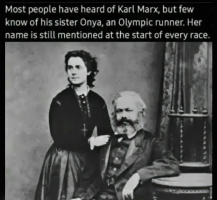 A vintage black-and-white portrait of Karl Marx seated next to a standing woman, captioned with a pun about his fictional runner sister 'Onya Marx'.