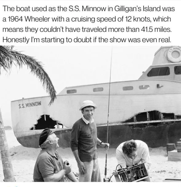 A behind-the-scenes still from Gilligan's Island showing the wrecked S.S. Minnow with text questioning the realism of the show based on boat specs.
