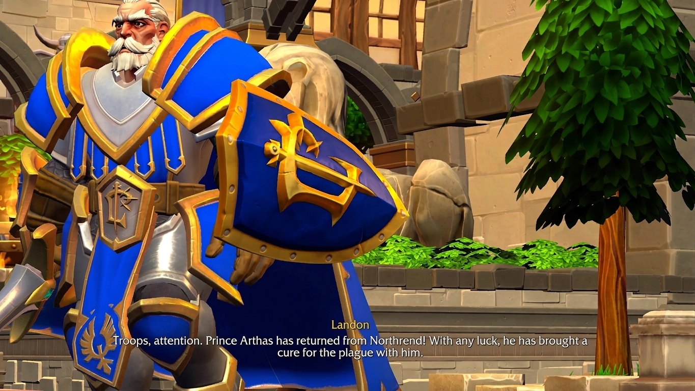 In-game cutscene from the Warcraft 3 Re-Reforged campaign showing Captain Landon speaking