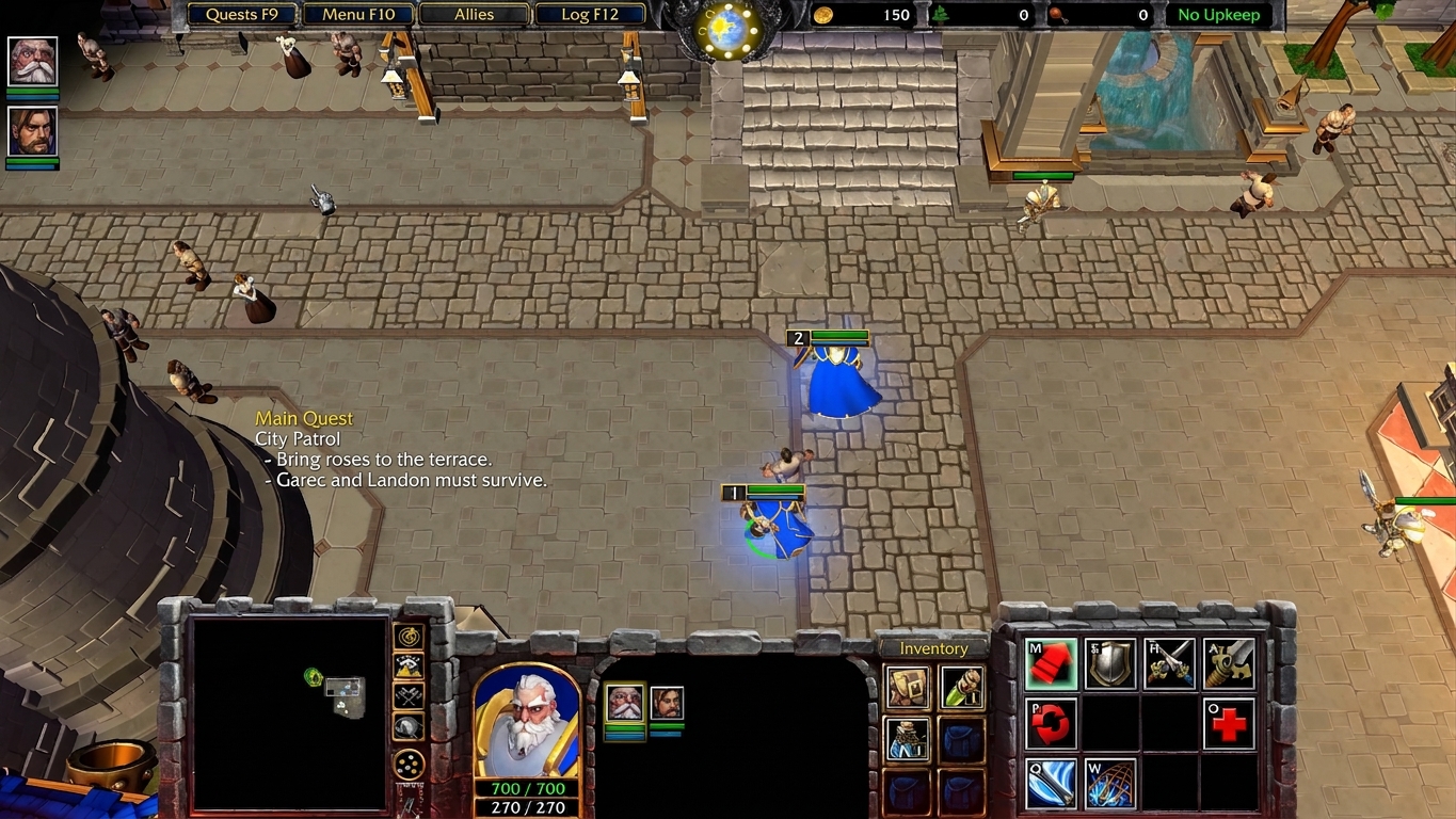 Gameplay field screen and minimap UI during the City Patrol quest
