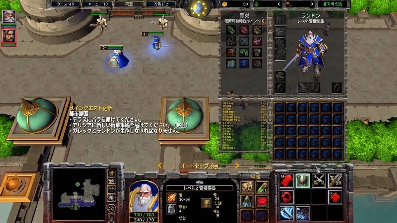 ランドンの特性ツリー、装備ウィンドウ、所持品インベントリが表示されたRPG風ステータス画面UI