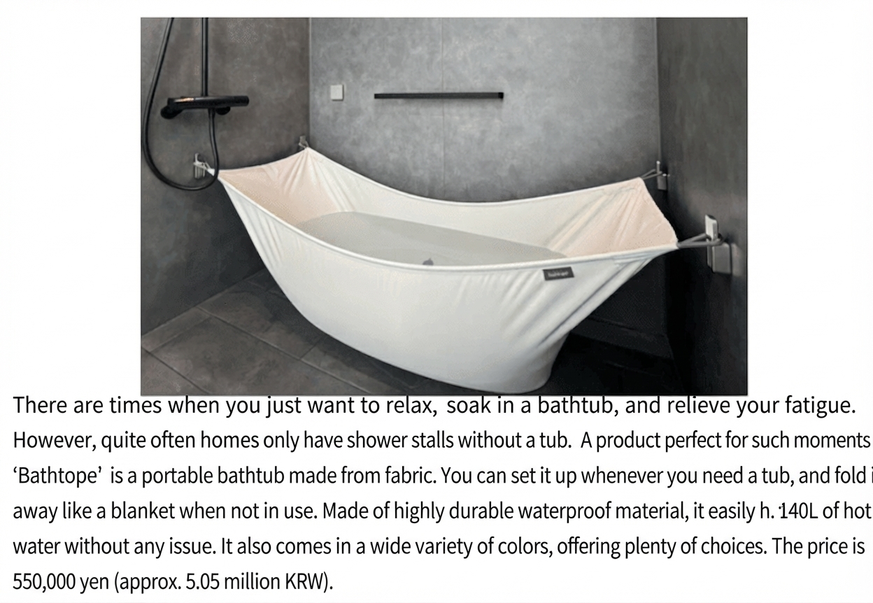 A screenshot of an article featuring a white portable bathtub filled with water, along with a product description and its price