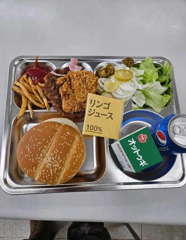 給食トレイに盛り付けられたハンバーガー用バンズ、チキンパティ、肉パティ、フライドポテト、チーズ、サラダ用野菜、ソウル牛乳、ペプシの缶ジュース。