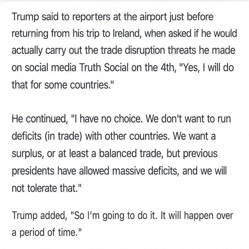 An article capture regarding Trump's statement that he would cut trade with countries that have a trade surplus with the U.S.
