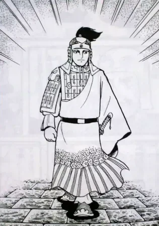 A black-and-white comic panel from the Chu-Han Contention showing Han Xin walking forward imposingly wearing a helmet and robe.