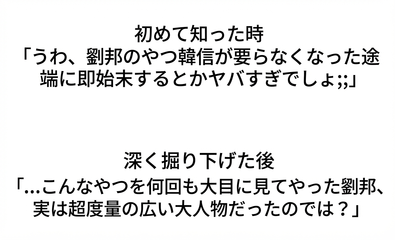 「狡兎死して走狗煮らる」を初めて知った時は劉邦が無情だと感じたが、前後の文脈を深く知った後は何度も大目に見てやった劉邦が大人物だったと気づく、という内容のテキスト