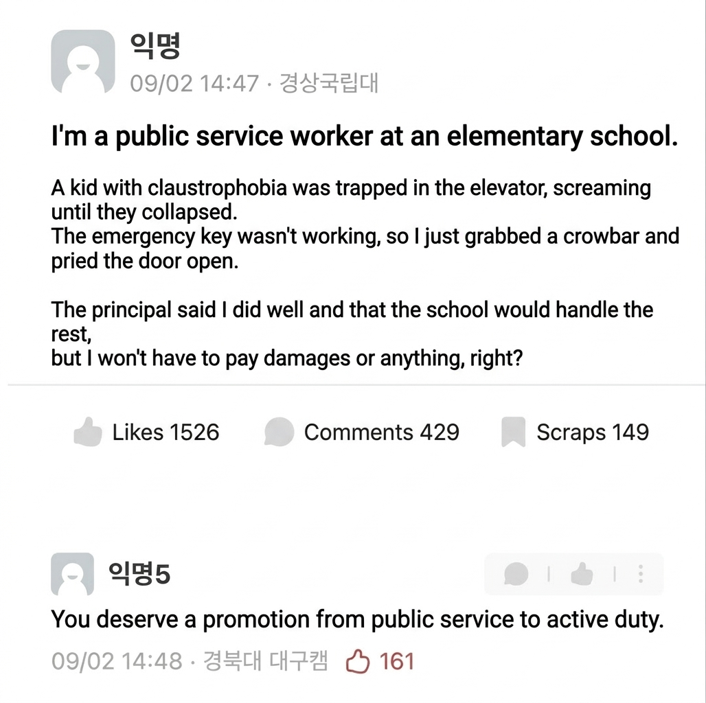 A screenshot of an Everytime community post by an elementary school public service worker who pried open an elevator door with a crowbar to save a claustrophobic student who passed out inside, along with a comment saying he deserves a promotion to active duty.