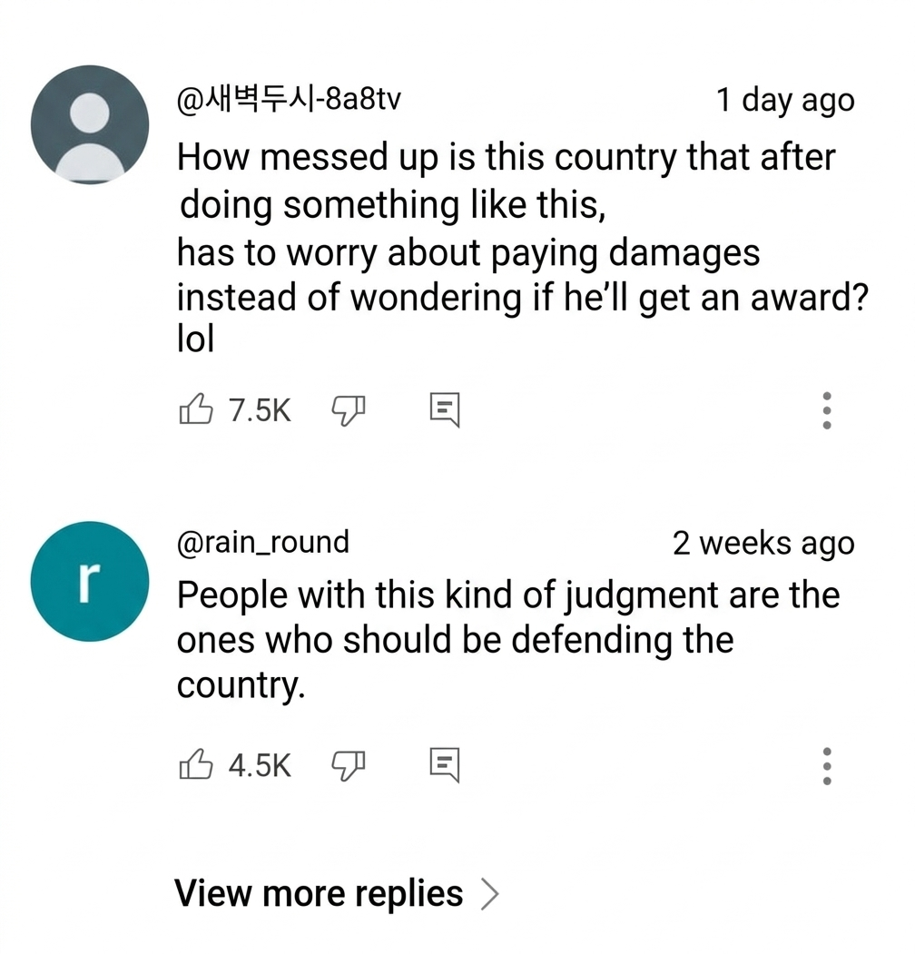 A screenshot of YouTube comments lamenting that someone who did the right thing has to worry about paying damages instead of receiving an award, and arguing that someone with such quick judgment should be defending the country.