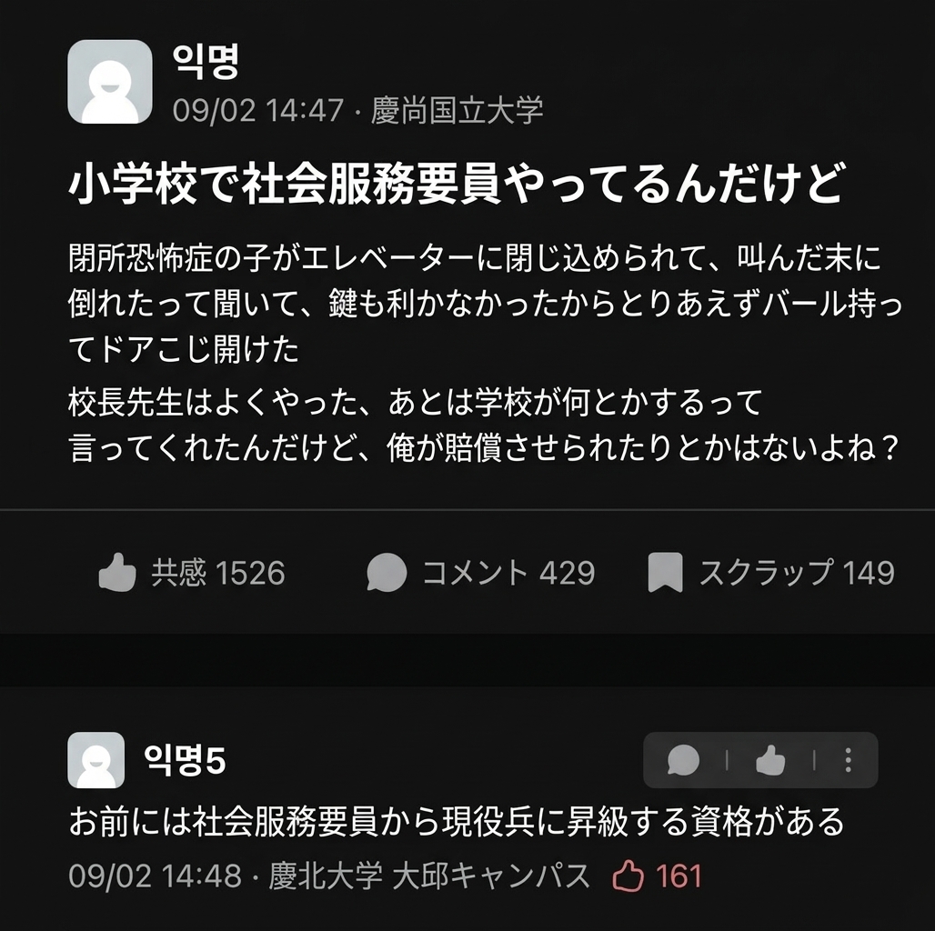 エレベーターに閉じ込められて気絶した閉所恐怖症の児童を救うため、バールでドアをこじ開けた小学校社会服務要員のエブリタイム投稿と、現役兵へ昇級する資格があるというコメントのキャプチャ