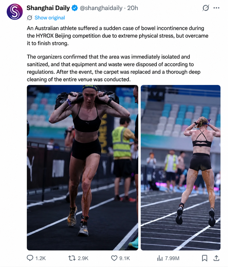 A photograph of an Australian athlete running with a sandbag, with foreign matter visible on her legs during the competition.