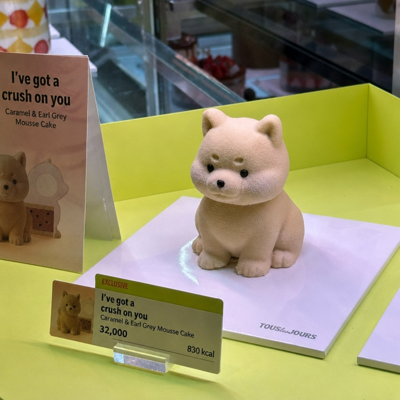 A puppy-shaped caramel Earl Grey mousse cake called 'I'm Paw-sitively In Love With You' displayed in the Tous Les Jours showcase.