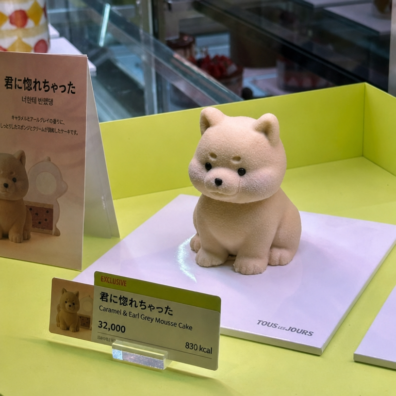 トレジュールのショーケースに陳列された、子犬型のキャラメルアールグレイムースケーキ「あなたに惚れたワン」。