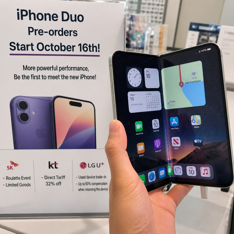 A foldable smartphone running an iOS screen is being held up in front of an 'iPhone Duo' pre-order sign.
