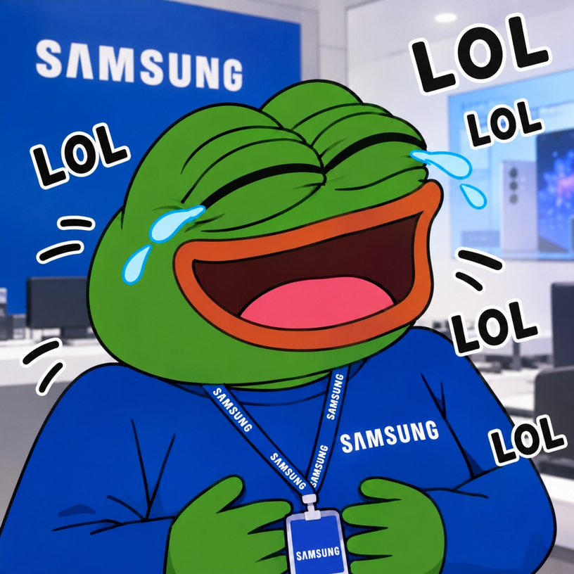 A Pepe the Frog meme wearing a Samsung employee badge, laughing hysterically with tears in his eyes at a store.