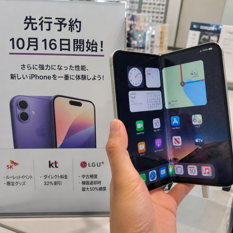 iPhone Duoの予約案内板の前に、折りたたみ式のスマートフォンでiOS画面が表示されたものが掲げられている様子。