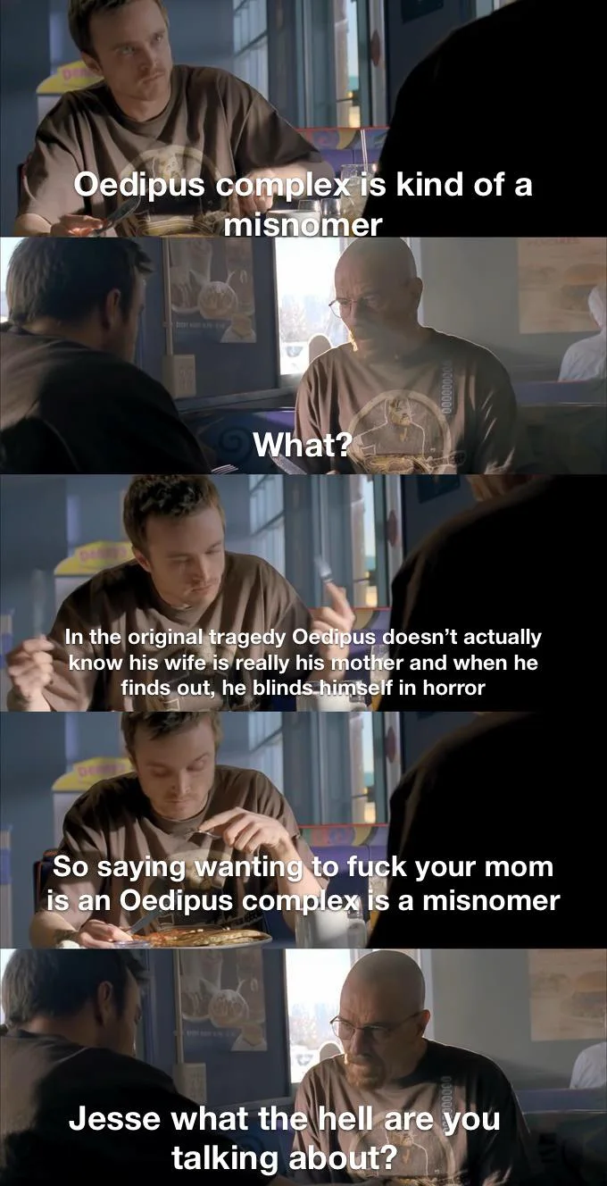 A Breaking Bad meme where Jesse Pinkman explains why the Oedipus complex is a misnomer to a confused Walter White.