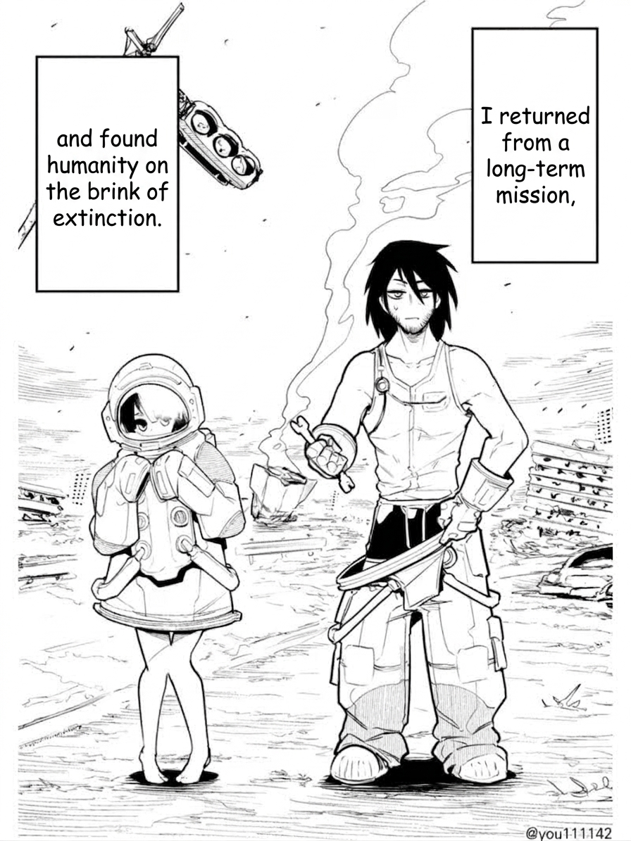 The opening scene of a comic showing two people standing side by side in spacesuits after returning to a ruined Earth.