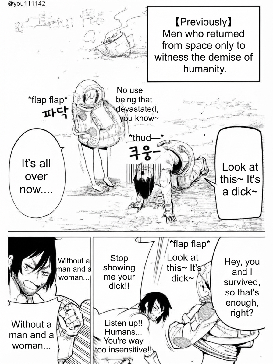 Comic panels showing a man kneeling in despair over humanity's demise while his spacesuit-wearing partner playfully teases him.