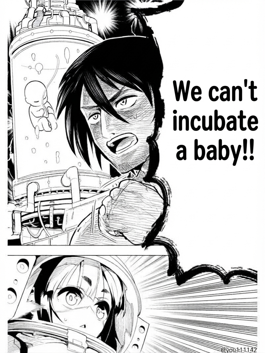 A close-up shot of the man's face as he cries out, imagining artificial incubation chambers, saying they cannot grow a baby without a man and a woman.