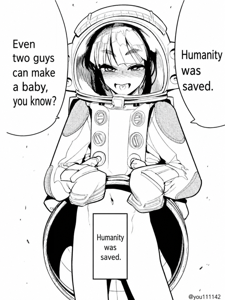 The concluding scene showing the cute companion in a spacesuit blushing and whispering that even two guys can make a baby.