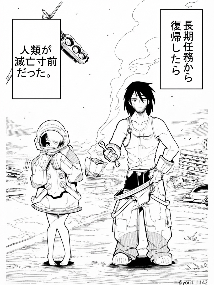 廃墟となった地球に降り立ち、宇宙服を着た仲間と並んで立つ漫画の最初のシーン。