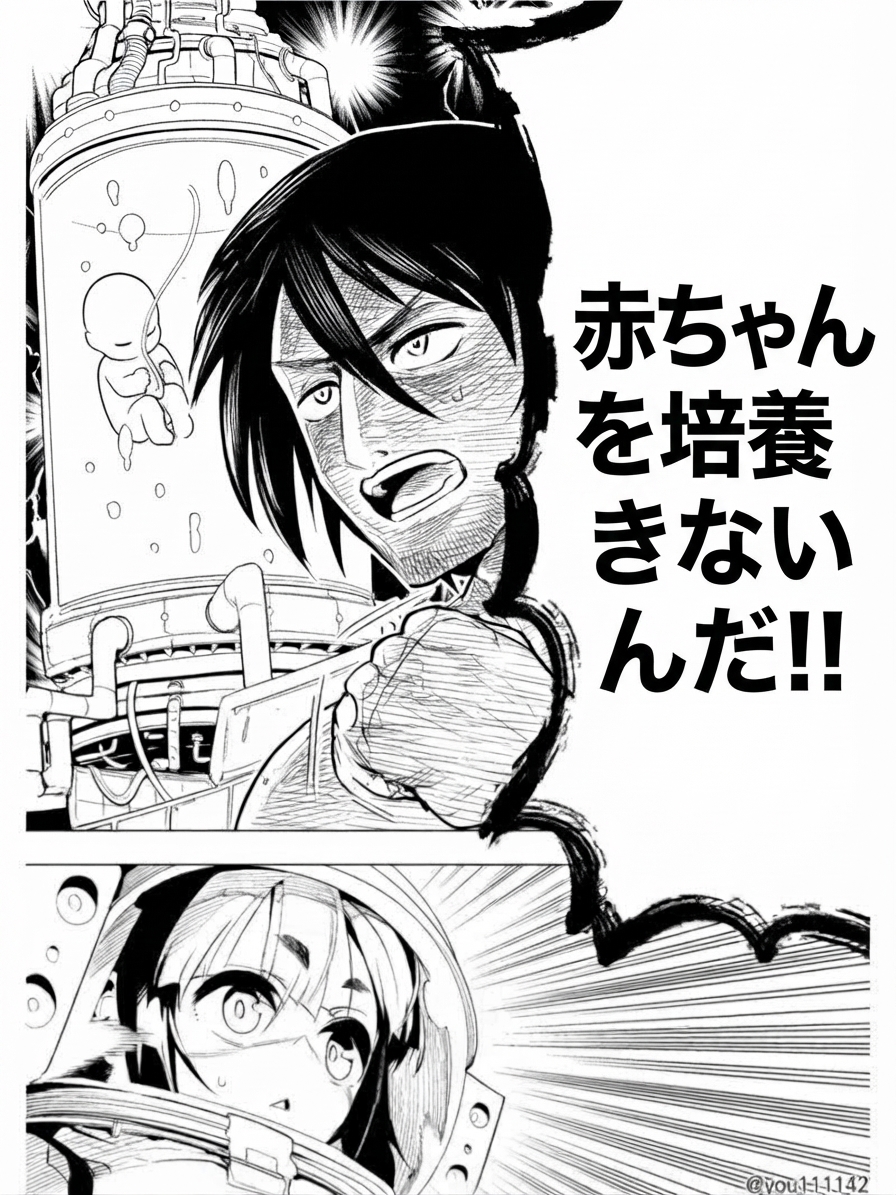 人工培養装置を思い浮かべながら、男女が揃っていなければ赤ちゃんを育てられないと絶叫する男の顔のアップ。